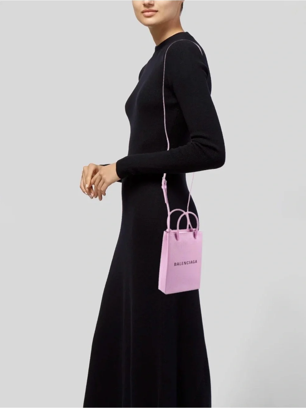 Balenciaga Two-Way Pink Leather Squared Shopping Phone Holder Crossbody Bag